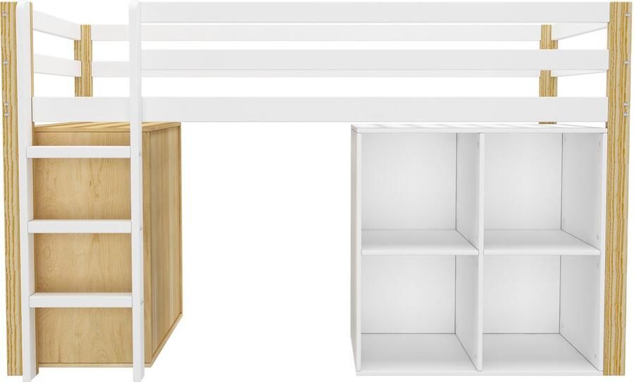 Ojiuboo -Hoogslaper – Massief houten frame met 2 opbergkasten en ladder – Multifunctioneel eenpersoonsbed – Naturel + Wit – 90x200cm
