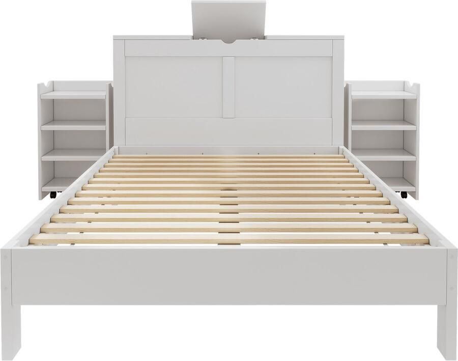 Ojiuboo -Houten bed Tweepersoonsbed met lattenbodem en hoofdbord Jeugdbed met twee uitschuifbare nachtkastjes Opbergruimte in het hoofdbord Geschikt voor volwassenen en tieners Eenvoudig te monteren Wit 140x200 cm
