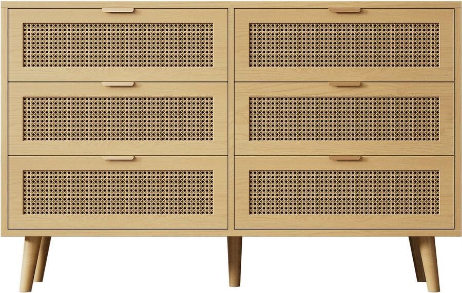 Ojiuboo Houten dressoir met zes laden Ladenkast in walnootkleur Ontwerp met metalen handgrepen Poten van massief hout Breedte 120 × H 76 5 × D 40 cm Opbergkast voor slaapkamer woonkamer en kantoor