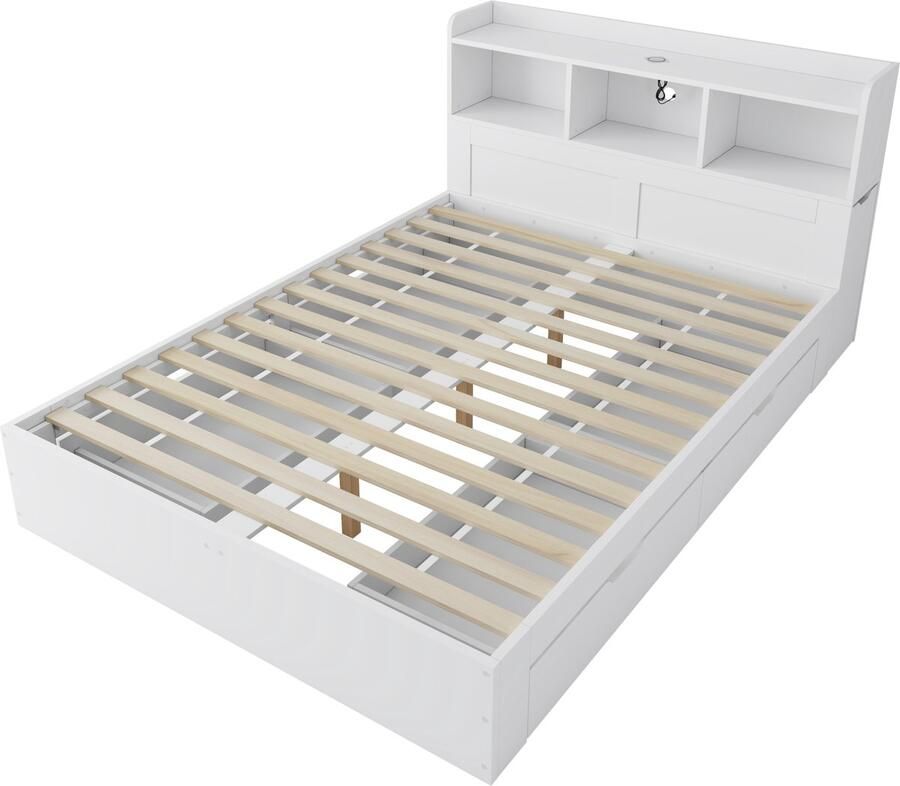 Ojiuboo -Houten tweepersoonsbed — met lattenbodem en hoofdbord — Twee uitschuifbare nachtkastjes — USB-C-poort + draadloos opladen — Opbergruimte met vier lades — Wit — 140x200cm