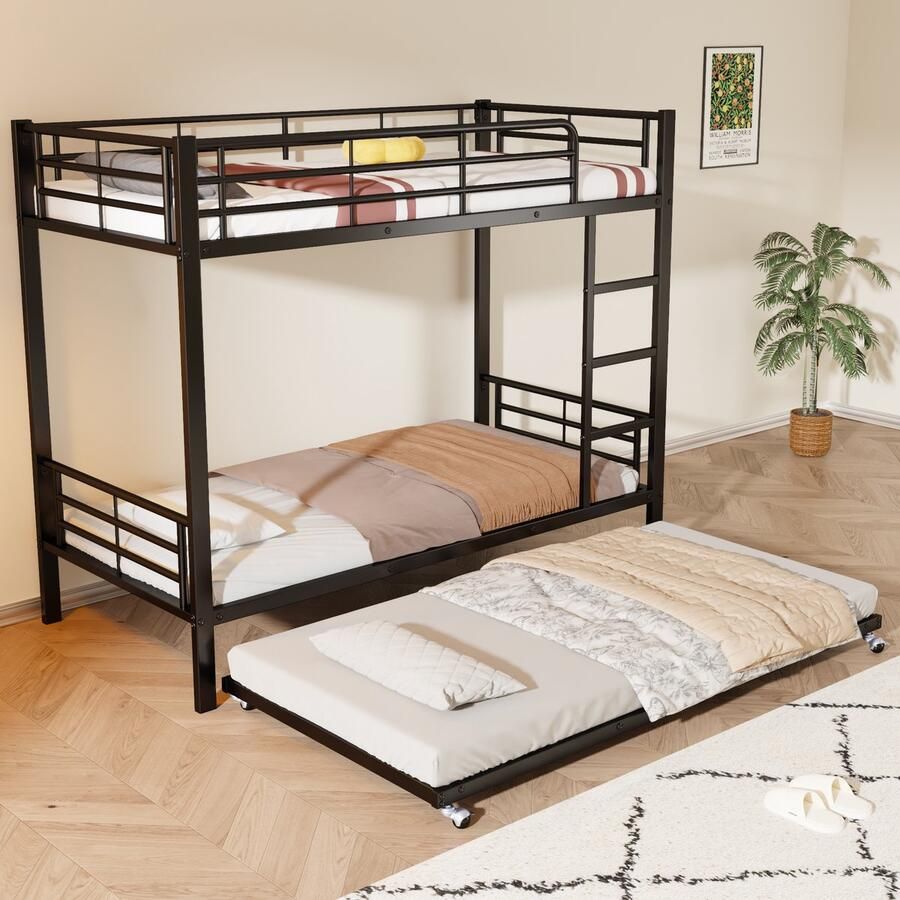 Ojiuboo IJzeren stapelbed met vier zijhekken en uitschuifbaar bed zwart metaal geschikt voor kinderen en tieners 90x200 en 90x190cm (zonder matras)