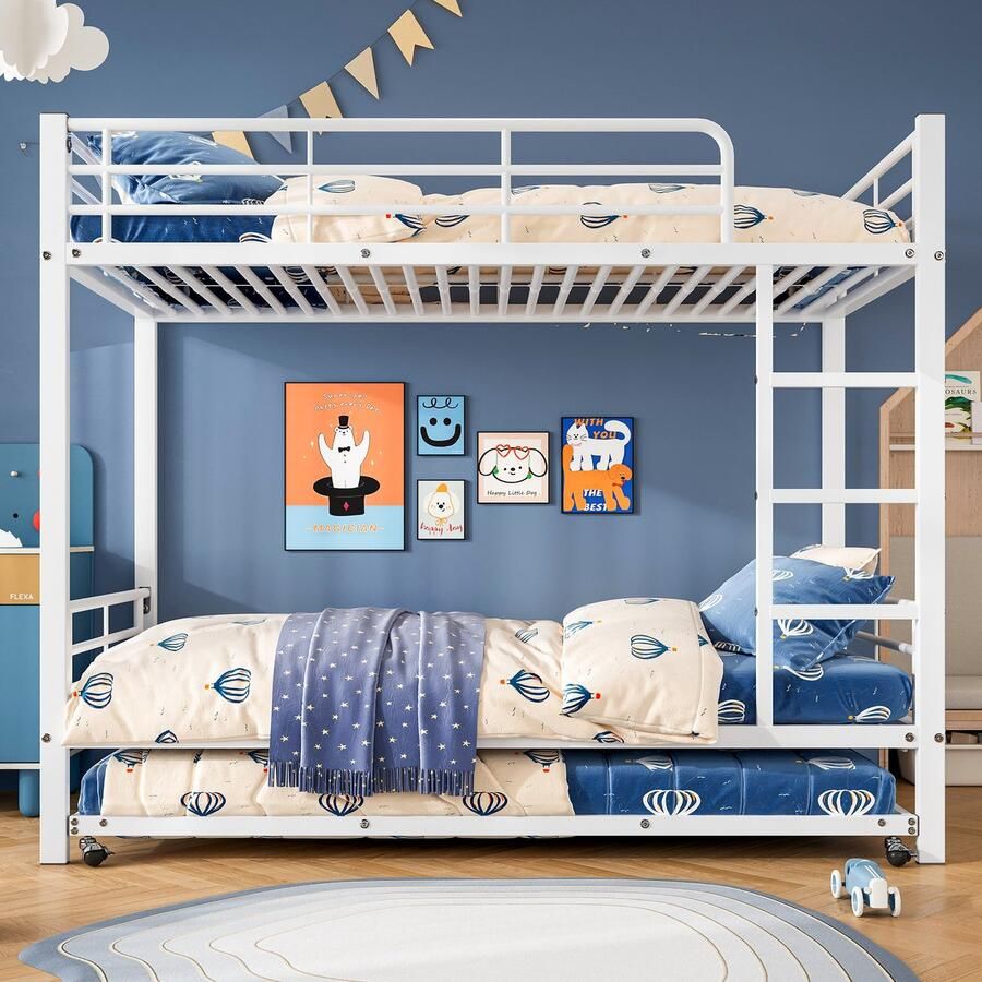 Ojiuboo IJzeren stapelbed Wit Met uitschuifbaar bed Geschikt voor kinderen en tieners 90x200cm + 90x190cm Met leuning Ruimtebesparend