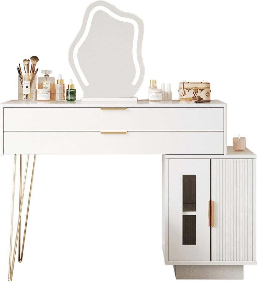 Ojiuboo Intrekbare kaptafelset Met driekleurige touchspiegel Moderne eenvoudige make-uptafel voor in de slaapkamer Spaanplaat Wit 100×40×78cm (exclusief kruk)