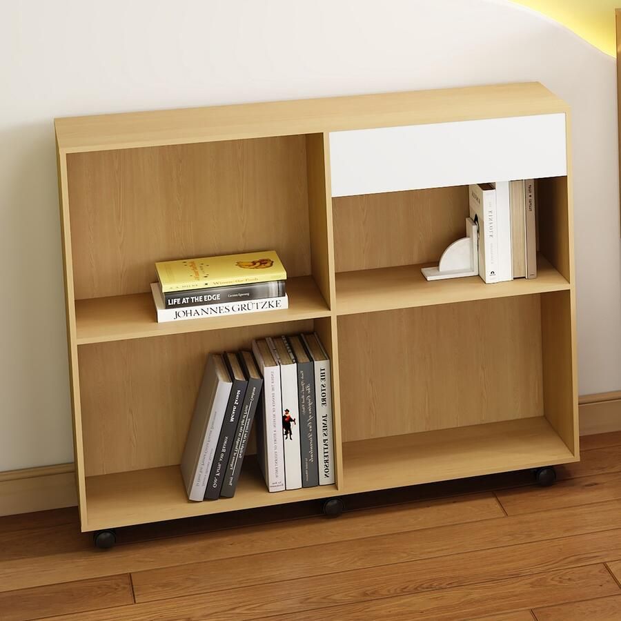 Ojiuboo Kastcombinatie Open Plankontwerp Opbergkast met Wielen Uitgeholde Tussenlaag Vrije Plaatsing Wit + Licht Eiken MDF + Spaanplaat Materiaal