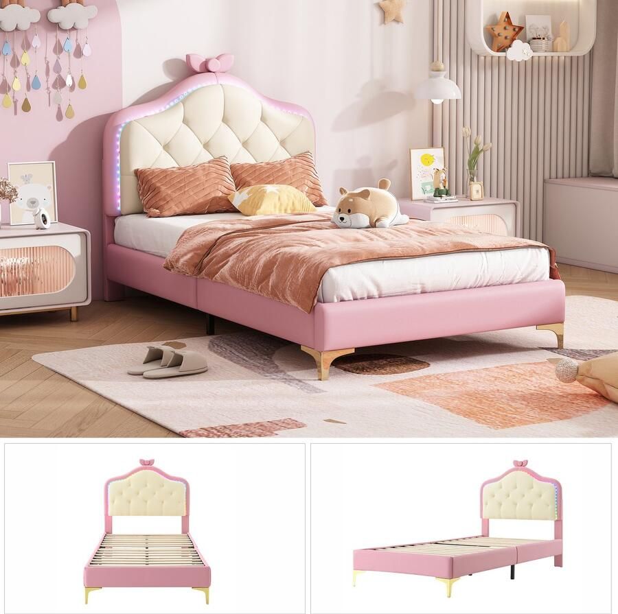 Ojiuboo Kinderbed 90x200cm Roze en wit Wolkvormig hoofdeinde met strik Zacht PU bedframe Meerkleurige ledstrip Met houten latten