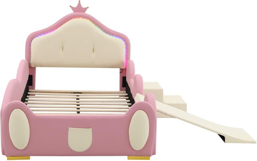 Mobrio Kinderbed 90x200cm in kunstleer met kleine glijbaan en trap + multikleurige LED en lattenbodem Beige