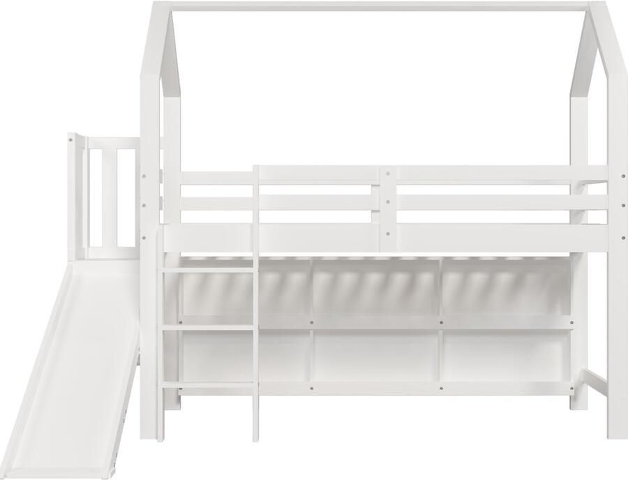 Mobrio Hoogslaper 90x200cm met glijbaan + trap + locker + plank in grenenhout en MDF Wit