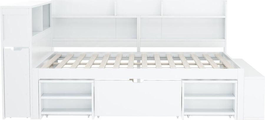 Mobrio MDF-bed van 140x200 cm met multifunctionele opbergruimte en een kleine uitneembare boekenkast met lattenbodem Wit