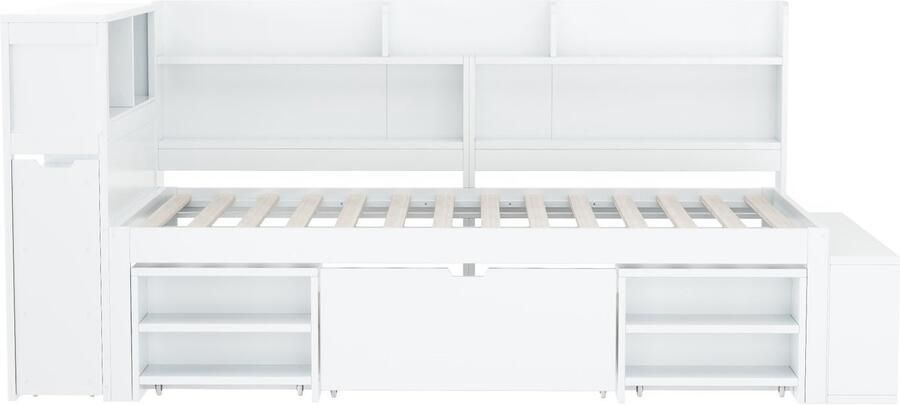 Mobrio MDF-bed van 90x200 cm met multifunctionele opbergruimte en een kleine uitneembare boekenkast met lattenbodem Wit