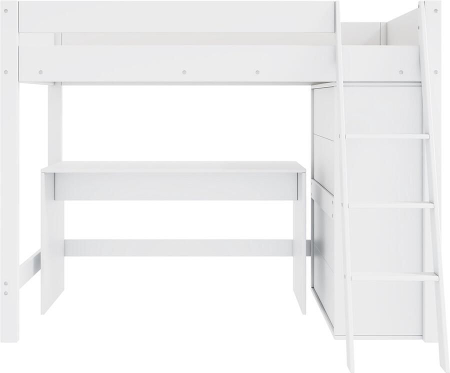 Ojiuboo -Kinderbed Hoogslaper Massief hout Multifunctioneel Met bureau Uitneembare kledingkast Met ladder en leuningen Wit 90x200cm