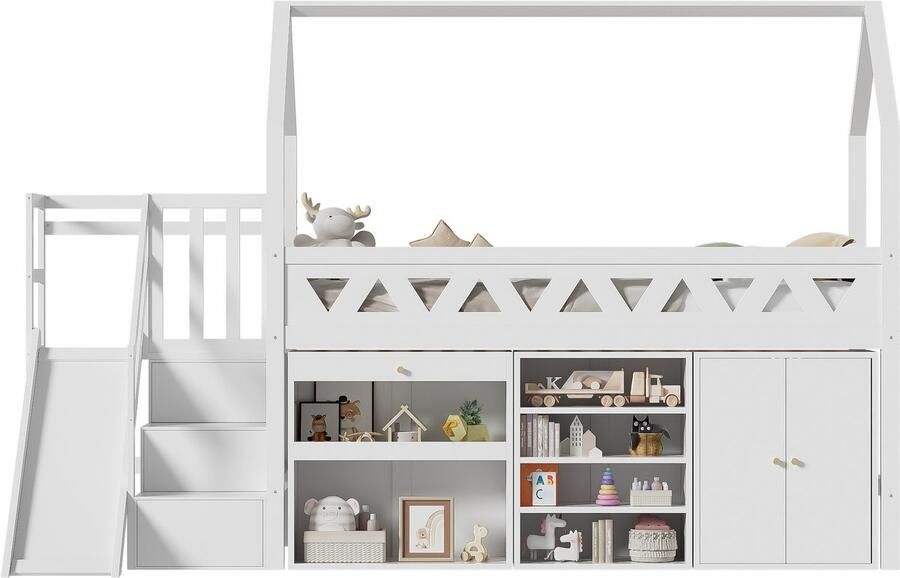 Ojiuboo -Kinderbed Massief houten eenpersoonsbed met glijbaan en trap Multifunctioneel ontwerp met lades opbergkasten magneetdeuren Wit 90x200cm Matras niet inbegrepen