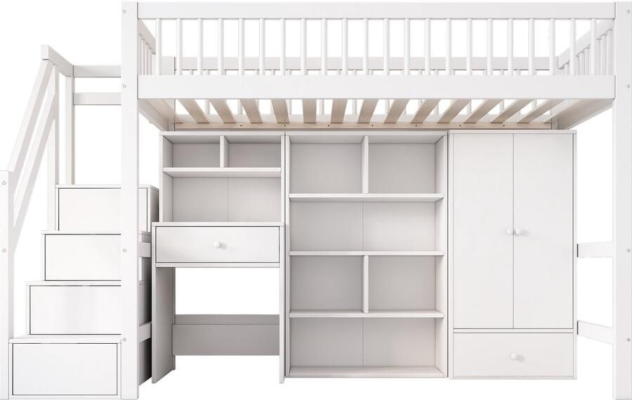 Ojiuboo -Kinderbed Multifunctioneel eenpersoonsbed met bureau kledingkast en trapopbergruimte Massief houten constructie Wit 90x200cm Matras niet inbegrepen