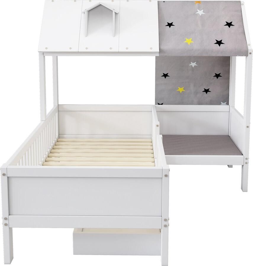 Ojiuboo -Kinderbed Multifunctioneel huisvormig ontwerp met lade en tentkussen Massief houten constructie (exclusief matras) Wit 90x200cm