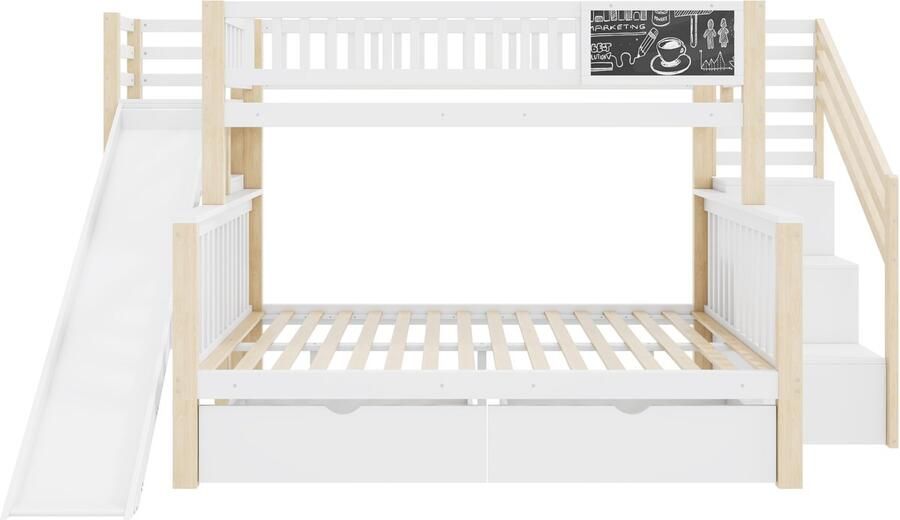 Ojiuboo -Kinderbed Stapelbed Huisontwerp Krijtbord + Glijbaan + Trapopbergruimte Ladeopbergruimte Grenenhout Wit 140x200 + 90x200 cm
