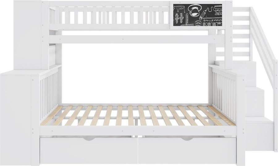 Ojiuboo -Kinderbed Stapelbed Huisstijlbed Krijtbordfunctie Trap + Opbergruimte + Laden Grenen Wit 140x200 + 90x200 cm
