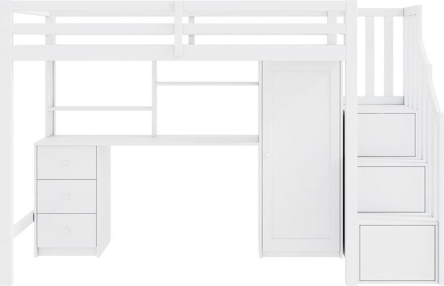 Ojiuboo -Kinderbed Stapelbed Multifunctioneel met bureau en kledingkast Traplade met opbergruimte Massief houten constructie Wit 90x200cm Matras niet inbegrepen