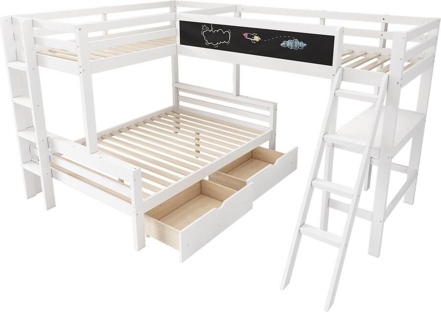 Ojiuboo -Kinderhoogslaper Driepersoonsbed met bureau en planken Stapelbed van grenenhout met opberglades Wit 140x200 + 90x200 cm