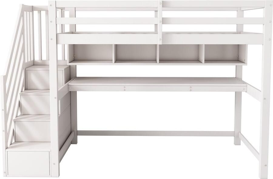 Ojiuboo -Kinderhoogslaper — met opbergtrap en groot bureau — massief hout + MDF — wit — 90x200cm