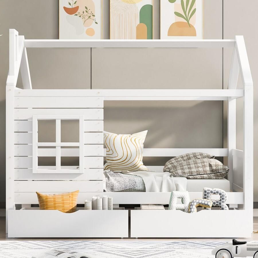 Ojiuboo -Kinderhuisbed Massief houten kinderbed met leuningen en raam Multifunctioneel jeugdbed Wit 90x200cm