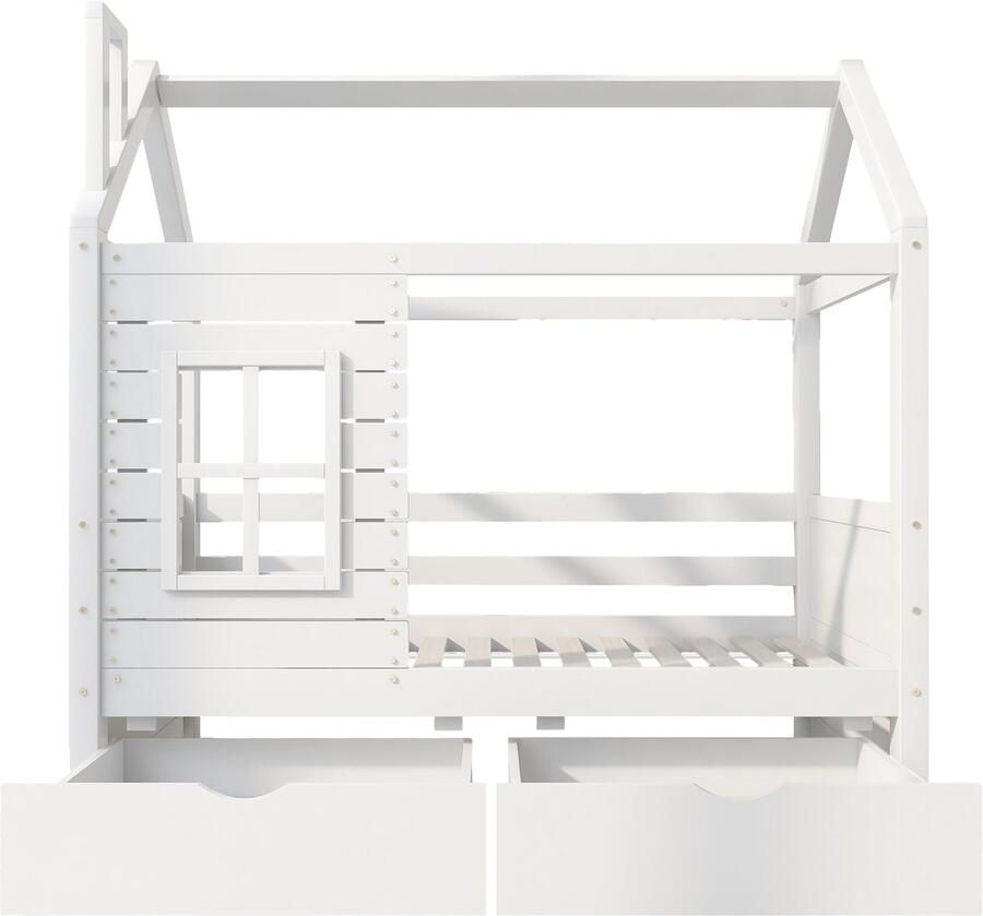 Ojiuboo -Kinderhuisbed Massief houten kinderbed met leuningen en raam Multifunctioneel jeugdbed Wit 80x160cm
