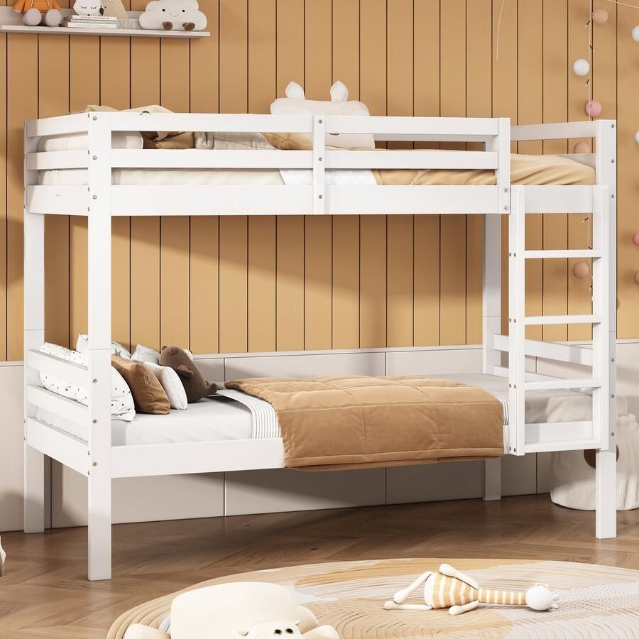 Ojiuboo -Kinderstapelbed grenen frame wit met drietraps schuine ladderveiligheidsbeugel kan worden gescheiden in twee eenpersoonsbedden 90x200cm jeugdbed