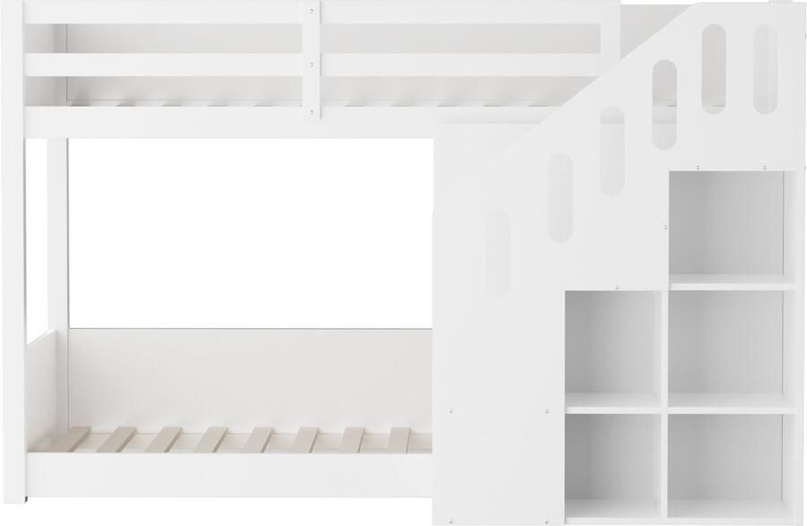 Ojiuboo -Kinderstapelbed – Massief houten constructie met trap en opbergruimte – Tweepersoonsbed met leuningen – Geschikt voor matrassen van 90x200 cm – Wit – Veelzijdig ruimtebesparend ontwerp