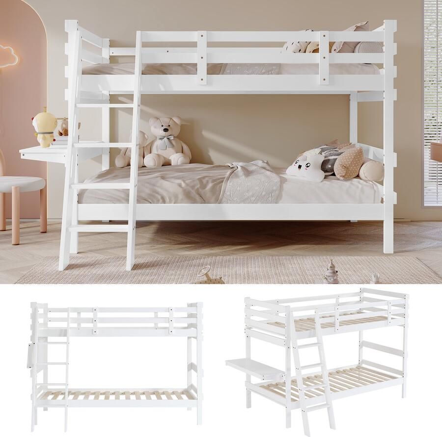 Ojiuboo Kinderstapelbed met ladder met vier treden en opklapbaar bureau grenenhout + MDF veiligheidsleuning wit 90x200cm