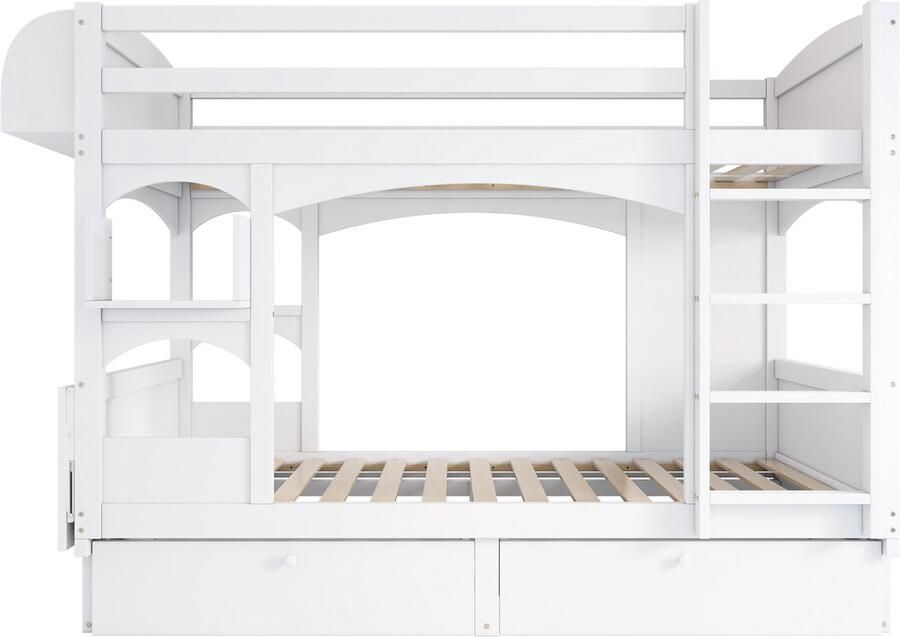 Mobrio Stapelbed in hout en MDF 90x200 cm met 2 lades en opklapbaar bureau Wit (zonder matras)