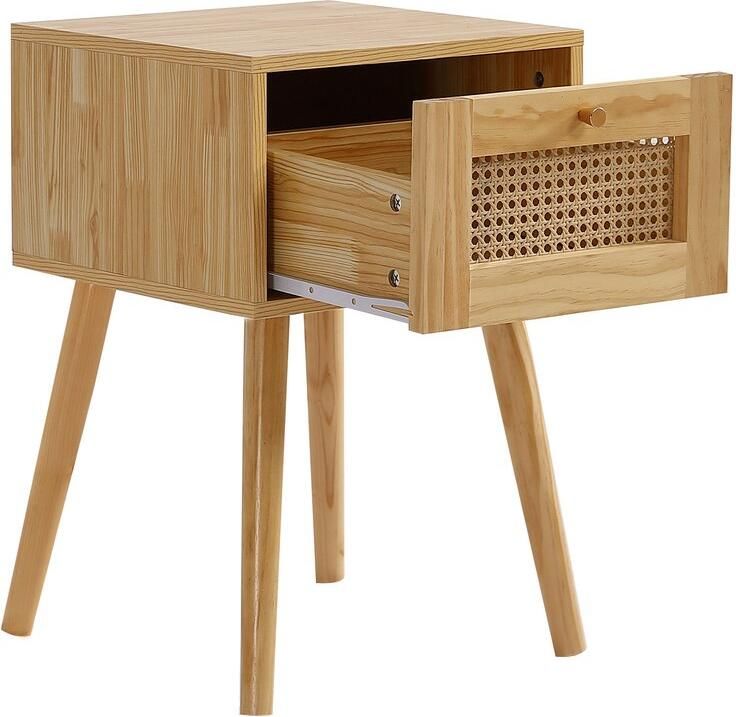 Ojiuboo Klassiek rotan nachtkastje enkele lade metalen handgreep lange houten poten geschikt voor slaapkamer en woonkamer natuurlijke kleur 38x38x58 5 cm