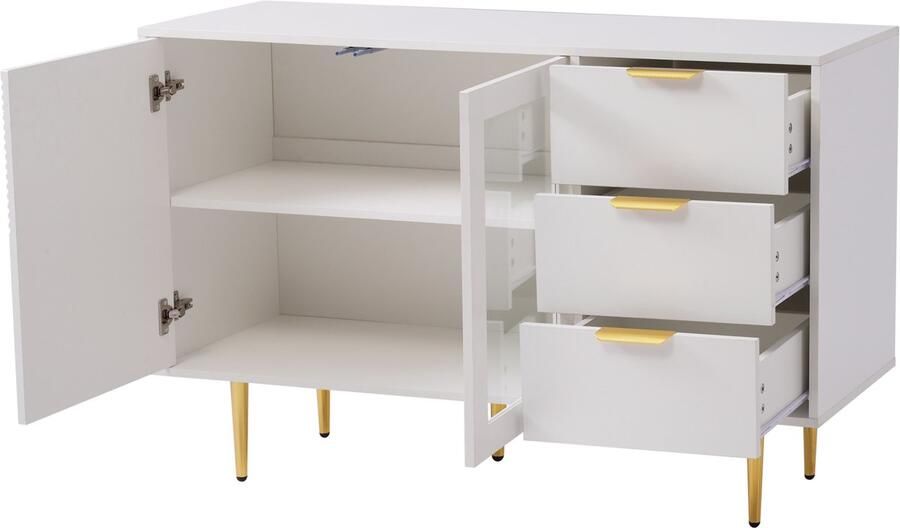 Ojiuboo -Ladekast met 3 lades en 2 deuren Metalen poten Glazen deuren Moderne opbergkast 120x38x79 5cm