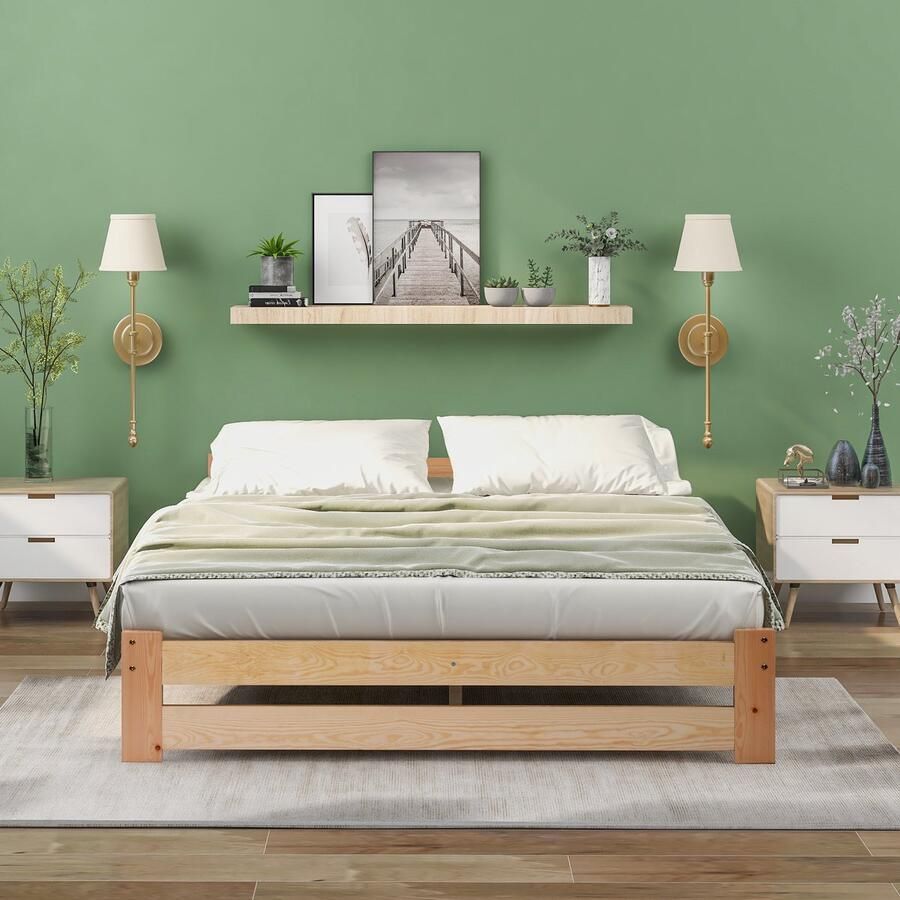 Ojiuboo Massief houten futonbed Met hoofdbord en lattenbodem Natuurlijke grenenstructuur Eenvoudig tweepersoonsbed in Japanse stijl Geschikt voor volwassenen en logeerkamers 140x200cm