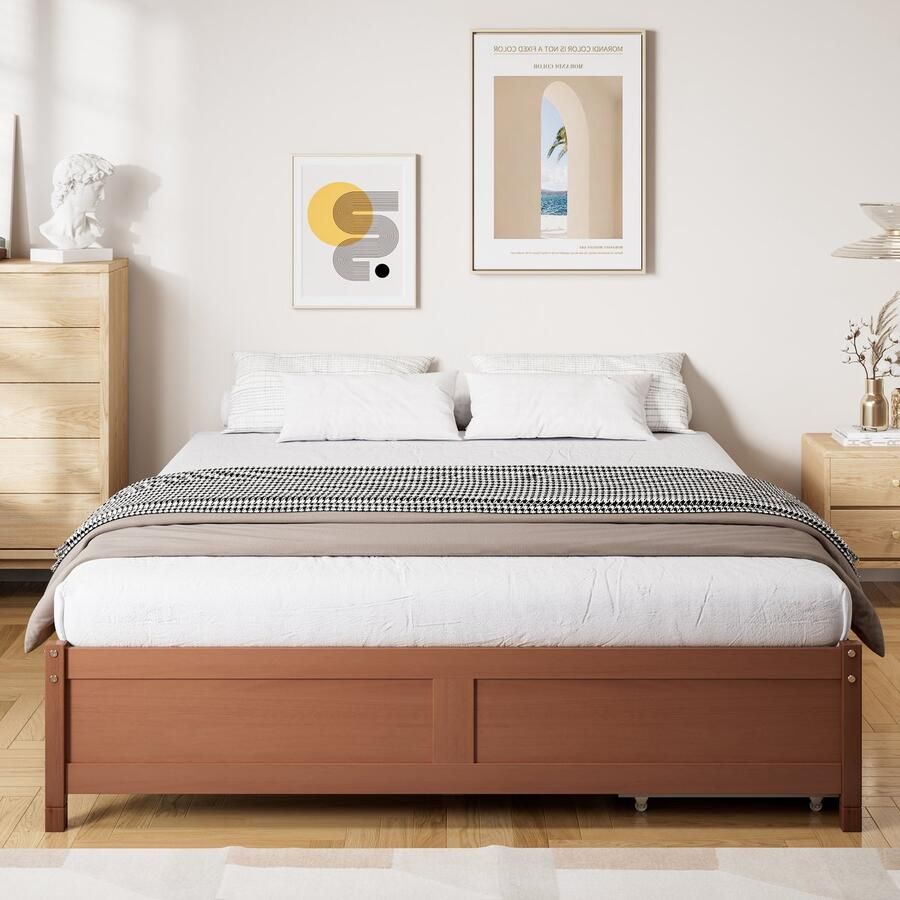 Ojiuboo Massief houten tweepersoonsbed Houten kinder- en tienerbed Met dubbele lades + wielen Vintage roodbruin Grenen + MDF Eenvoudig ontwerp 140x200cm