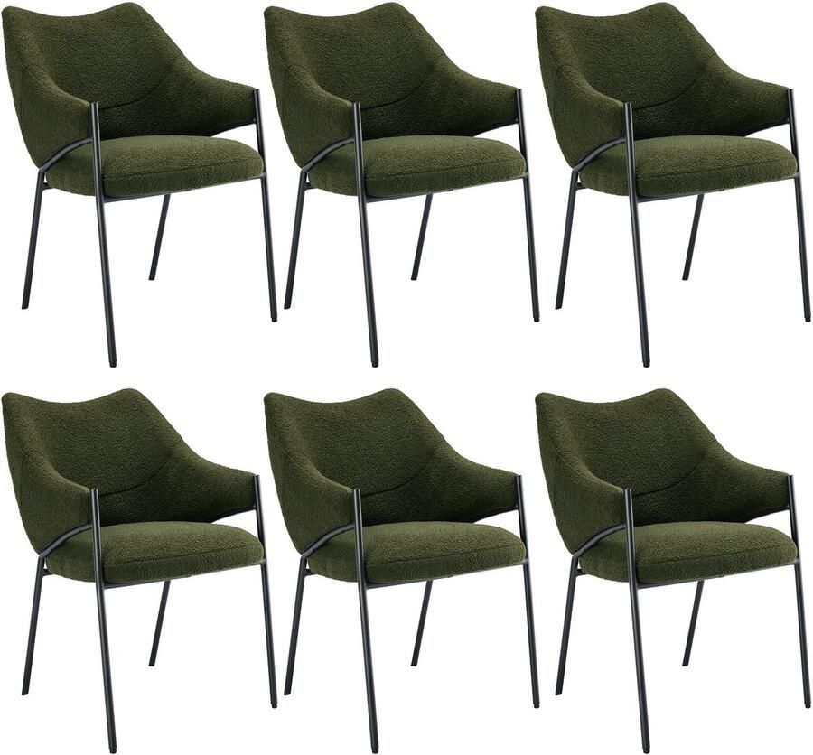 Ojiuboo -Modern Comfort Series Lounge eetkamerstoel Lamsvacht pluche bekleding Dikke zitting en armleuningen Stevige metalen poten Groen (6-delige set)