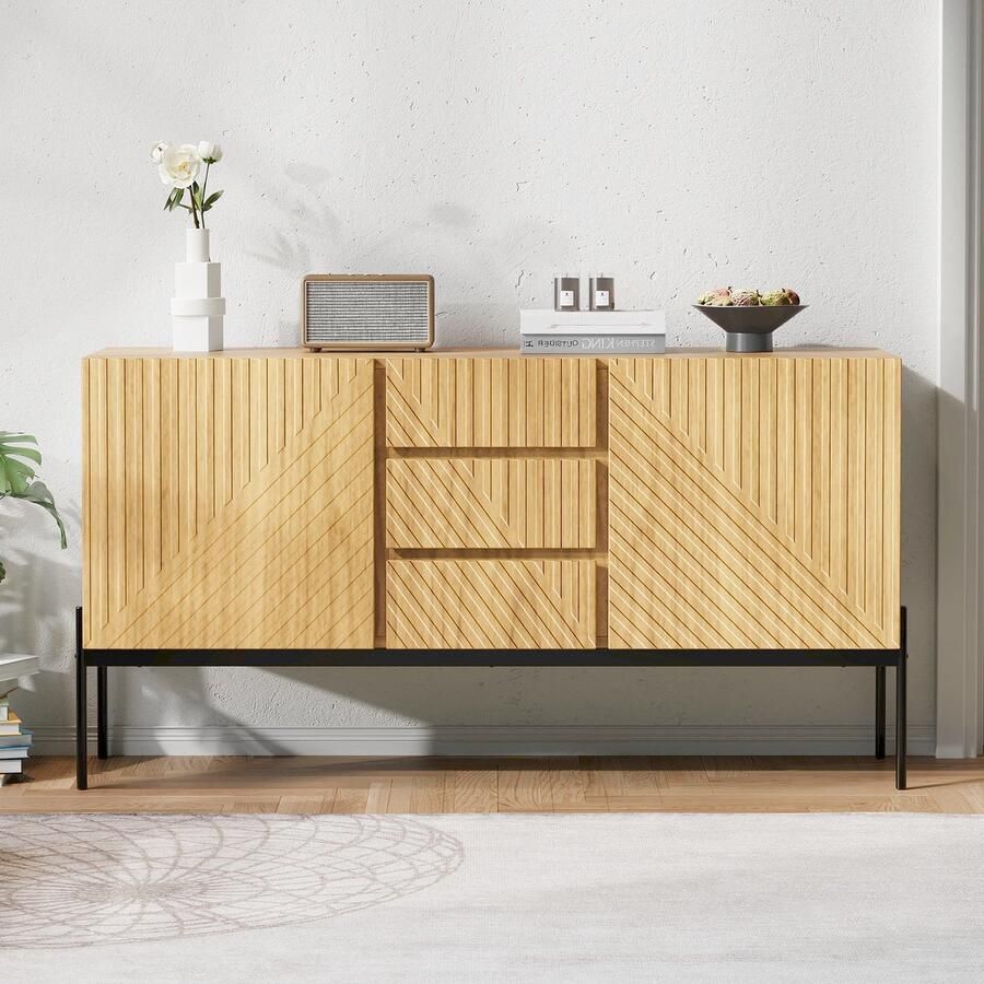 Ojiuboo Modern dressoir met drie laden en dubbele deur tv-meubel opbergkast metalen poten eenvoudig lineair ontwerp natuurlijke houtkleur 140x40x75cm