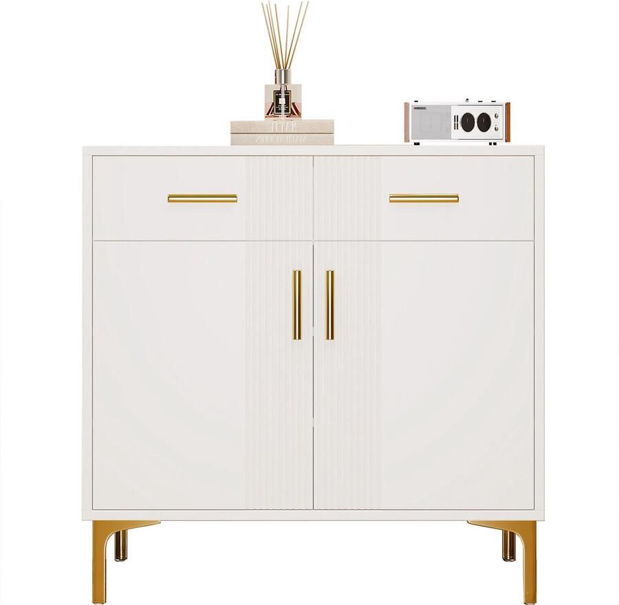 Ojiuboo Modern Dressoir met Dubbele Deur en Dubbele Laden Wit Deurpaneel met Golvenpatroon Metalen Poten met Gouden Handgreep 80x35x79 5 cm Opbergkast voor Woonkamer Eetkamer