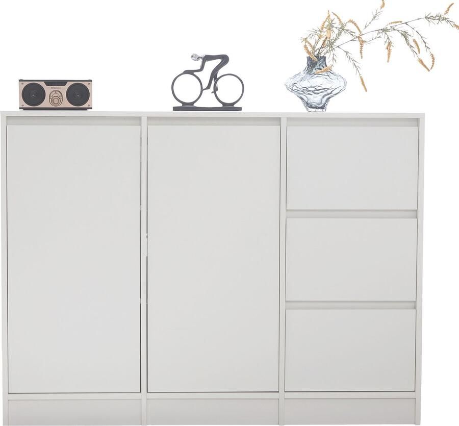 Ojiuboo Modern Dressoir Schoenenkast met Dubbele Deur en Drie Laden Verstelbare Plank Grote Opbergruimte Wit 120x90x35cm
