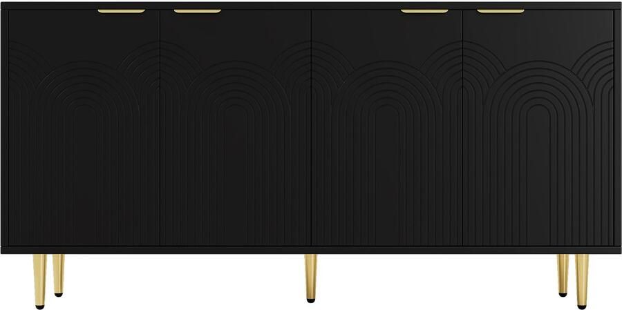 Ojiuboo Modern en eenvoudig dressoir vierdeurs hoge opbergkast met geborsteld gouden handgrepen zwart 160x80x40cm voor woon- eetkamer