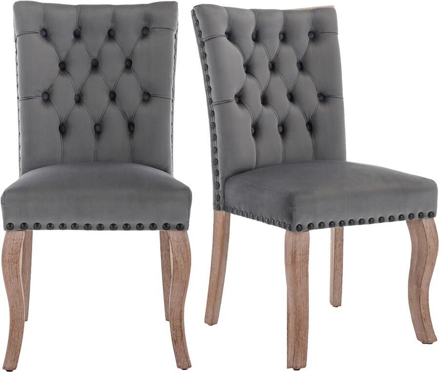Ojiuboo -Modern Home Collection Eetkamerstoelenset Fluwelen bekleding Stevige poten van massief hout Rugleuning met koperen studs Grijze set van 2 stuks