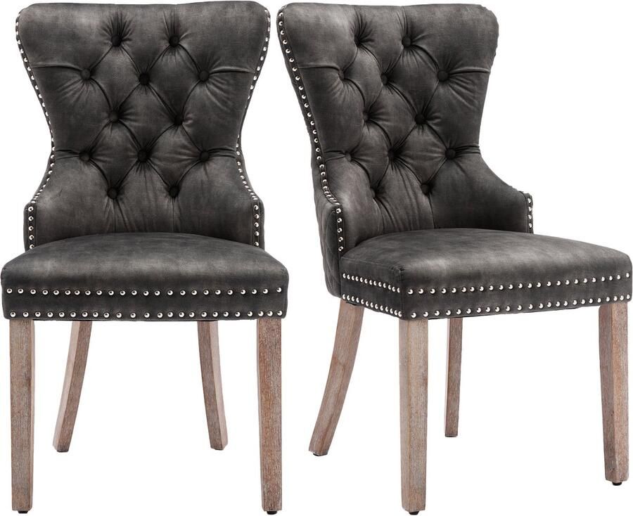 Ojiuboo -Modern Home Collection Eetkamerstoelenset Fluwelen bekleding Stevige poten van massief hout Ronde rugleuning met trekkoord Grijs Set van 2