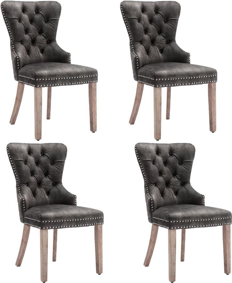 Ojiuboo -Modern Home Collection Eetkamerstoelenset Fluwelen bekleding Stevige poten van massief hout Ronde rugleuning met trekkoord Grijs Set van 4