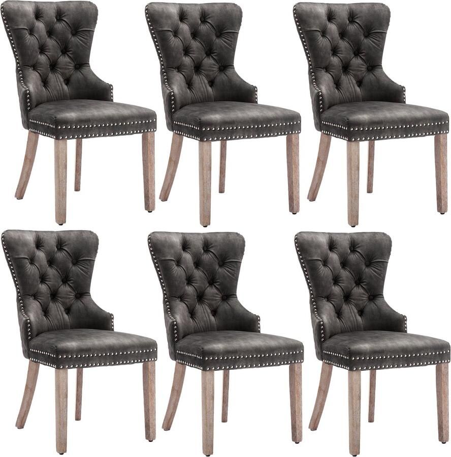 Ojiuboo -Modern Home Collection Eetkamerstoelenset Fluwelen bekleding Stevige poten van massief hout Ronde rugleuning met trekkoord Grijs Set van 6 stuks