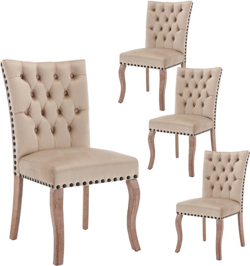 Ojiuboo -Modern Home Collection Eetkamerstoelenset Fluwelen bekleding Stevige poten van massief hout Ronde deurknop met rugleuning Licht camel Set van 4 stuks