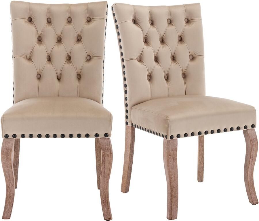 Ojiuboo -Modern Home Collection Eetkamerstoelenset Fluwelen bekleding Stevige poten van massief hout Ronde deurknop met rugleuning Licht camel Set van 2