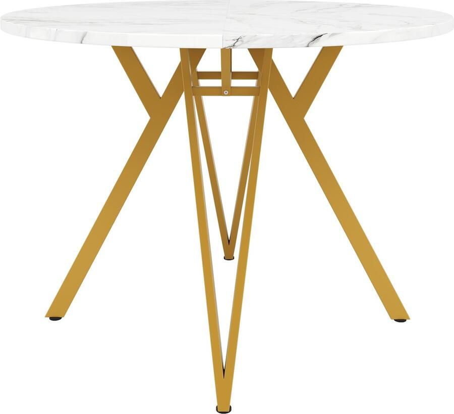 Ojiuboo -Modern Home Series Ronde eettafel Blad van fluweelmarmer Stabiele metalen poten Verstelbare poten Lichtbruin Wit + Goud + Grijs 100x100x76cm