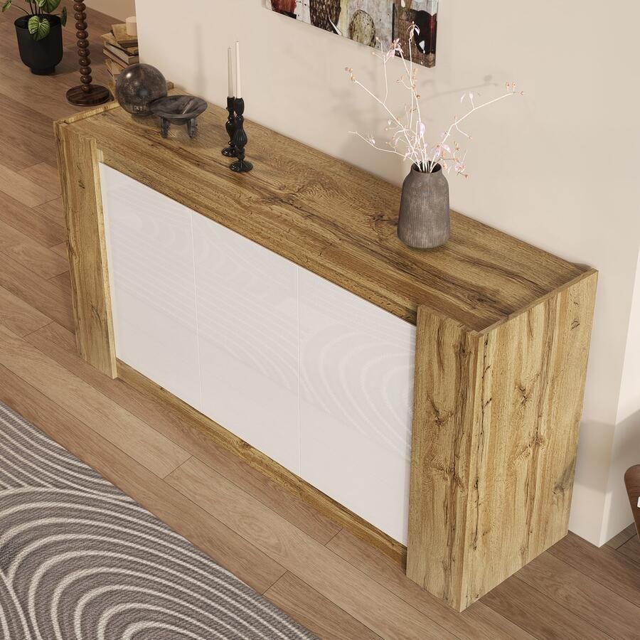 Ojiuboo —Modern hoogglans dressoir 150 cm greeploos ontwerp Wit + natuurlijk hout Schuine deuren + LED-strip in gemengde kleuren Soft-Clamp scharnieren verstelbare planken