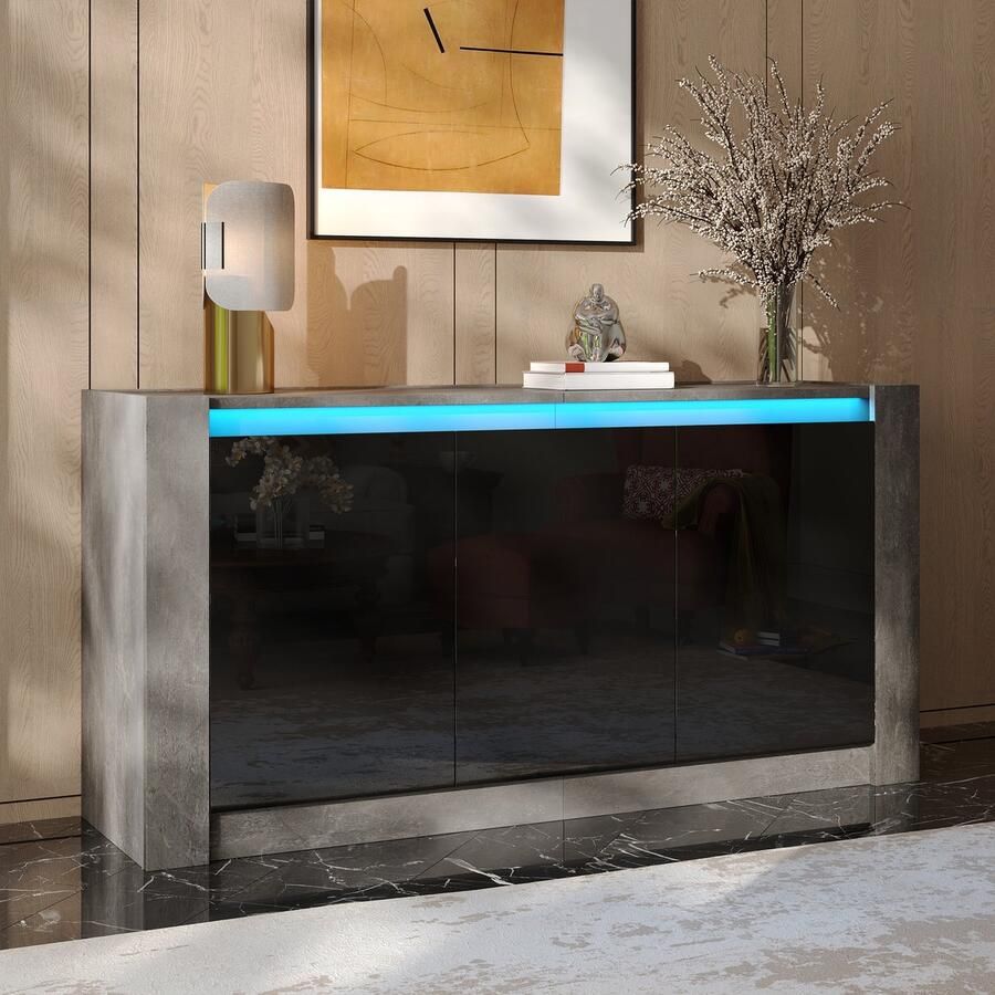 Ojiuboo —Modern hoogglans dressoir 150 cm greeploos ontwerp Zwart en cementgrijs Verstelbare planken met drie deuren Soft-Clamp scharnieren