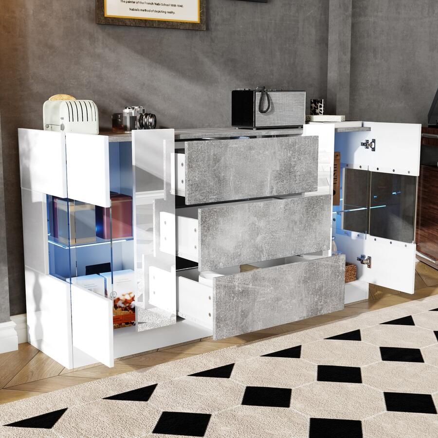 Ojiuboo —Modern LED-dressoir 140 cm hoogglans wit + grijs marmer twee deuren drie lades + 16-kleuren slimme verlichting Vitrinekast voor woon- eetkamer