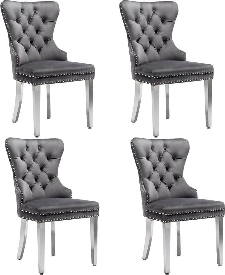 Ojiuboo -Modern Luxury Collection Eetkamerstoelenset Fluwelen bekleding Stevige metalen poten Ronde deurklopper rugleuning Grijs Set van 4 stuks