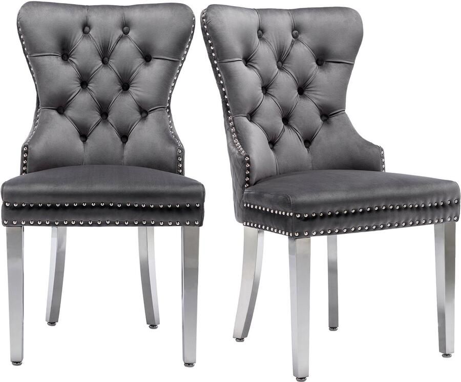 Ojiuboo -Modern Luxury Series Eetkamerstoelenset Fluwelen bekleding Stevige metalen poten Ronde deurklopper rugleuning Grijs Set van 2