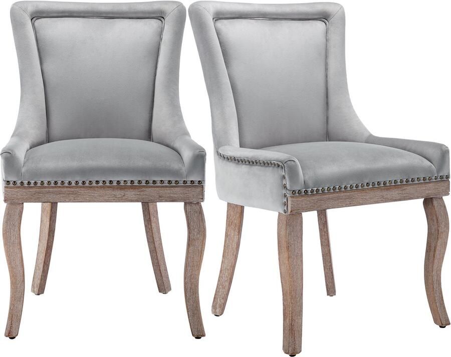 Ojiuboo -Modern Luxury Series Eetkamerstoelenset Fluwelen bekleding Stevige poten van massief hout Rugleuning met spijkerkoprand Grijs Set van 2